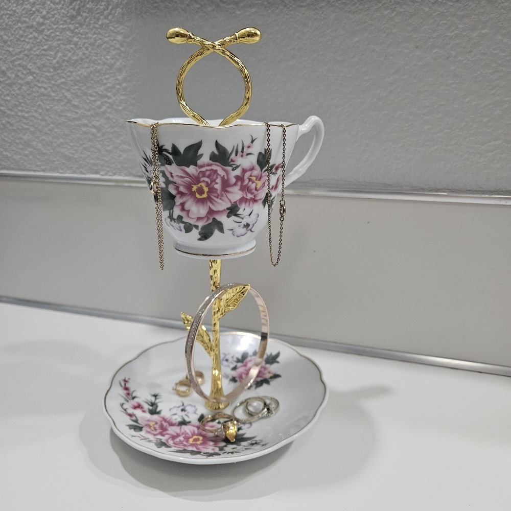 Vanity Trinket Jewelry 2 Tiered Tray Re-Purposed Teacup & Saucer